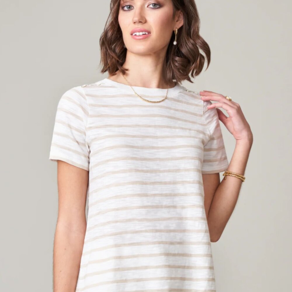 NWT, Spartina 449, Shoreline Shirt Oatmeal Heather Stripe